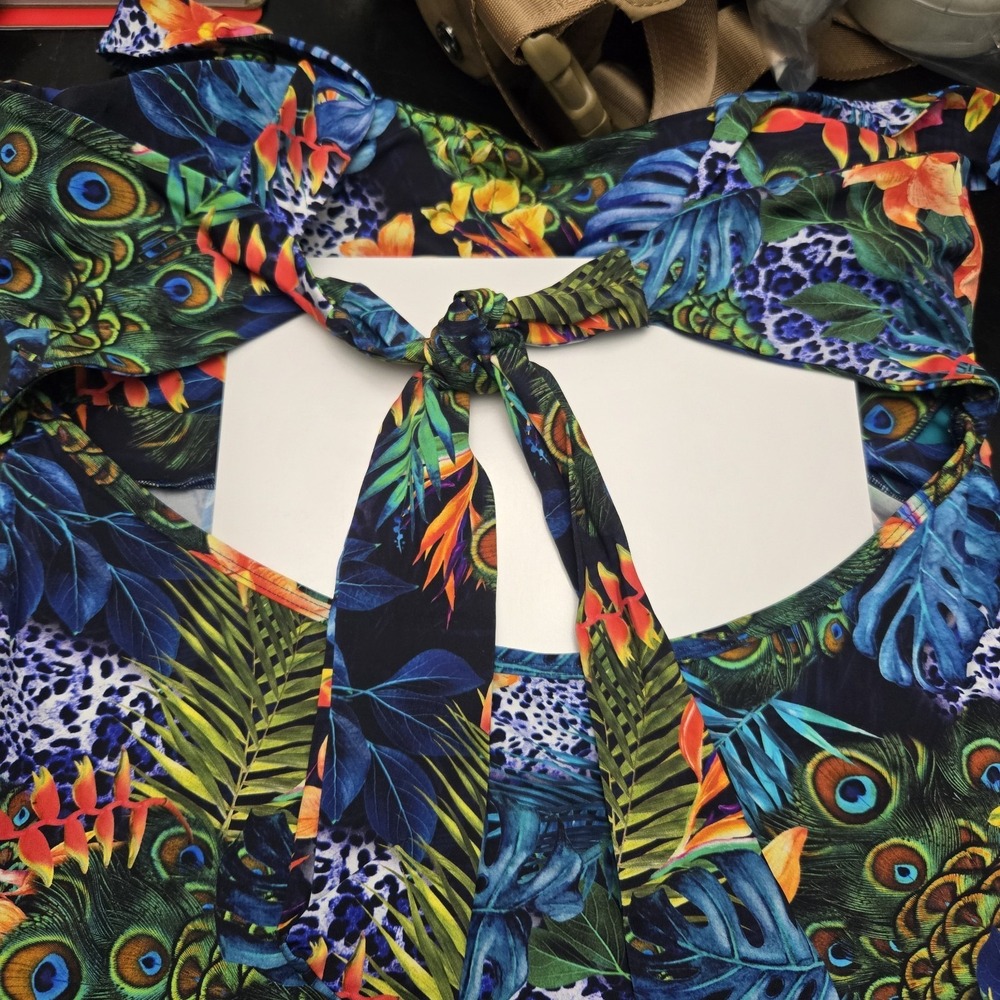 Dona Jo Tankini Top Size 2 Tropical Peacock Tie Back Maximalist Indie Art Beach - Picture 7 of 7